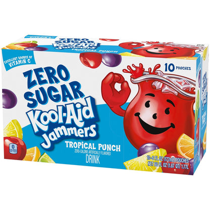 Kool-Aid Jammers Tropical Punch Zero Sugar Pouches, Box of 10, Everyday Refreshment for Mindful Snackers