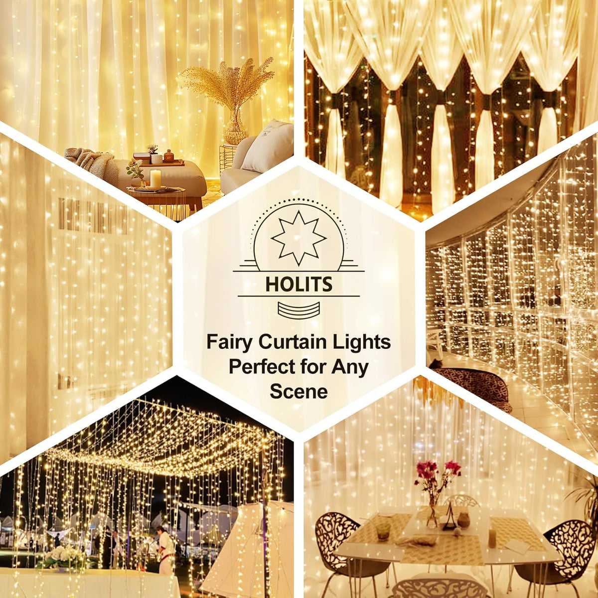 Luminos Glow Warm White Fairy Lights – Hanging Window Drape Lights for Cozy Dorm Room Atmosphere