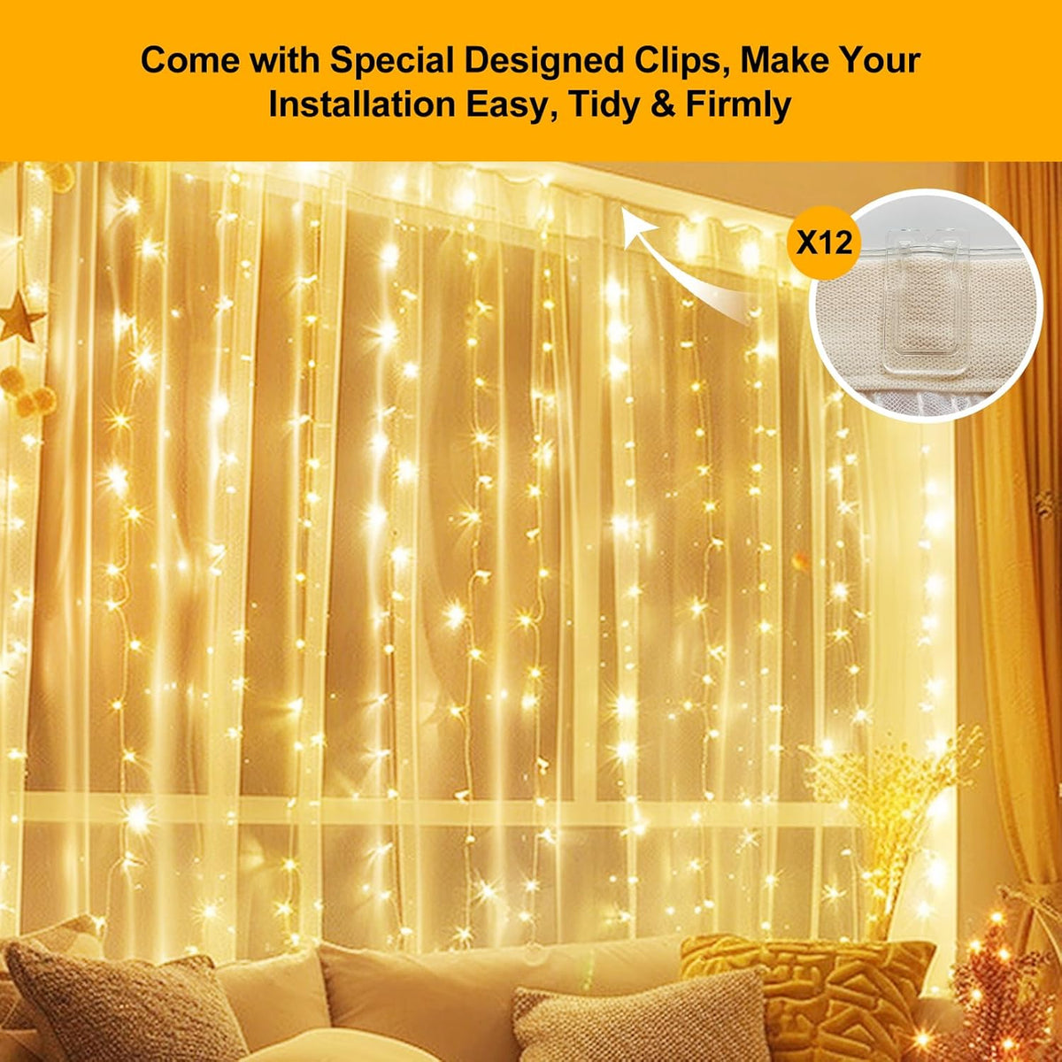 Luminos Glow Warm White Fairy Lights – Hanging Window Drape Lights for Cozy Dorm Room Atmosphere