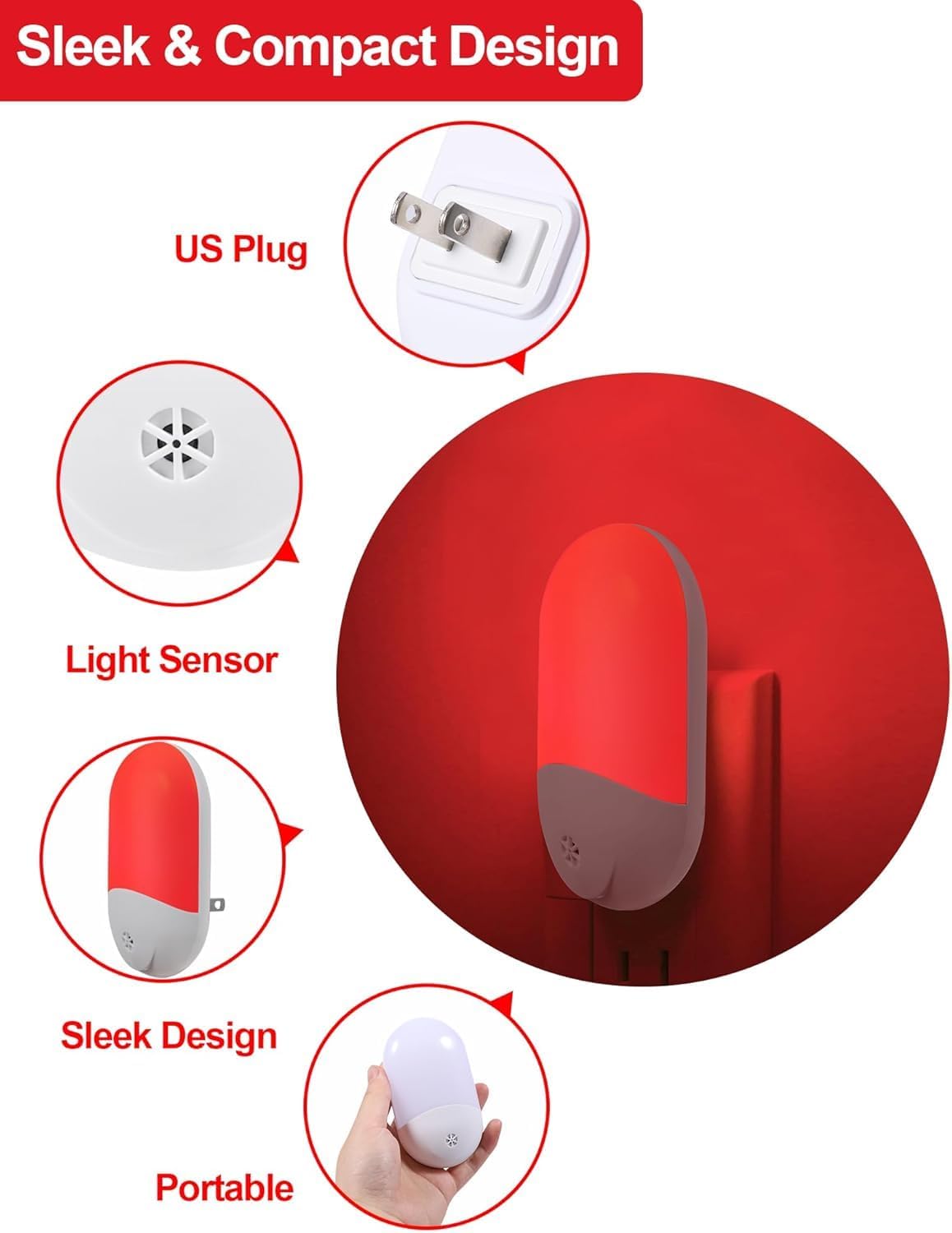 LumiRed Minimalist Red LED Night Light Plug-in, Zero Blue Light 670nm for Intentional Bedroom Design