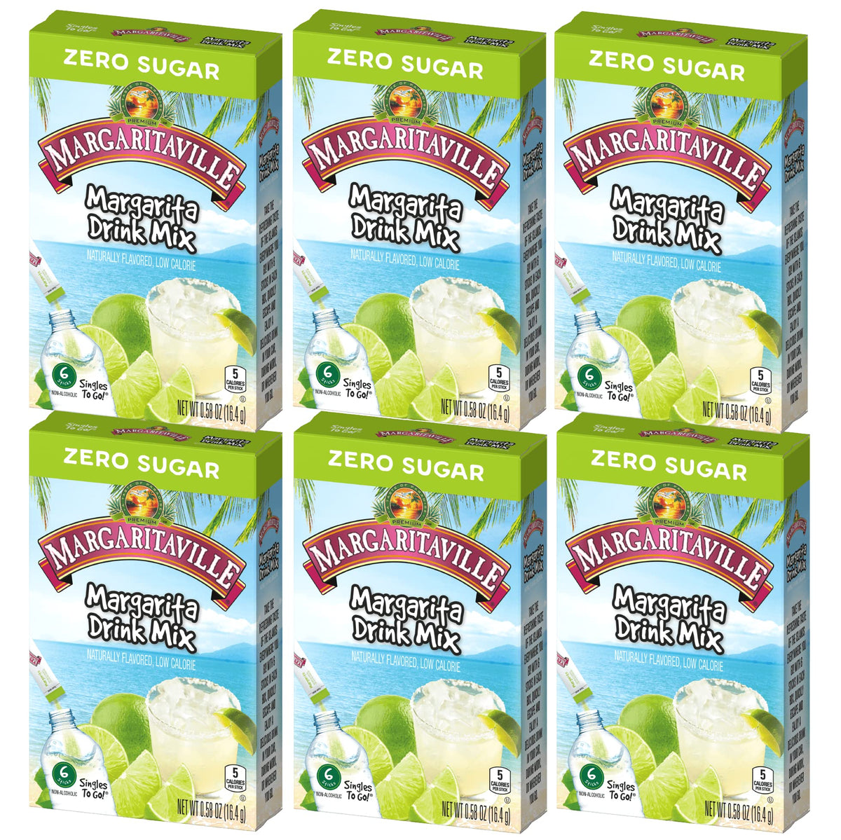 Margaritaville Singles To Go Water Drink Mix - Margarita Flavored, Non-Alcoholic Powder Sticks (6 Boxes with 6 Packets Each - 36 Total Servings