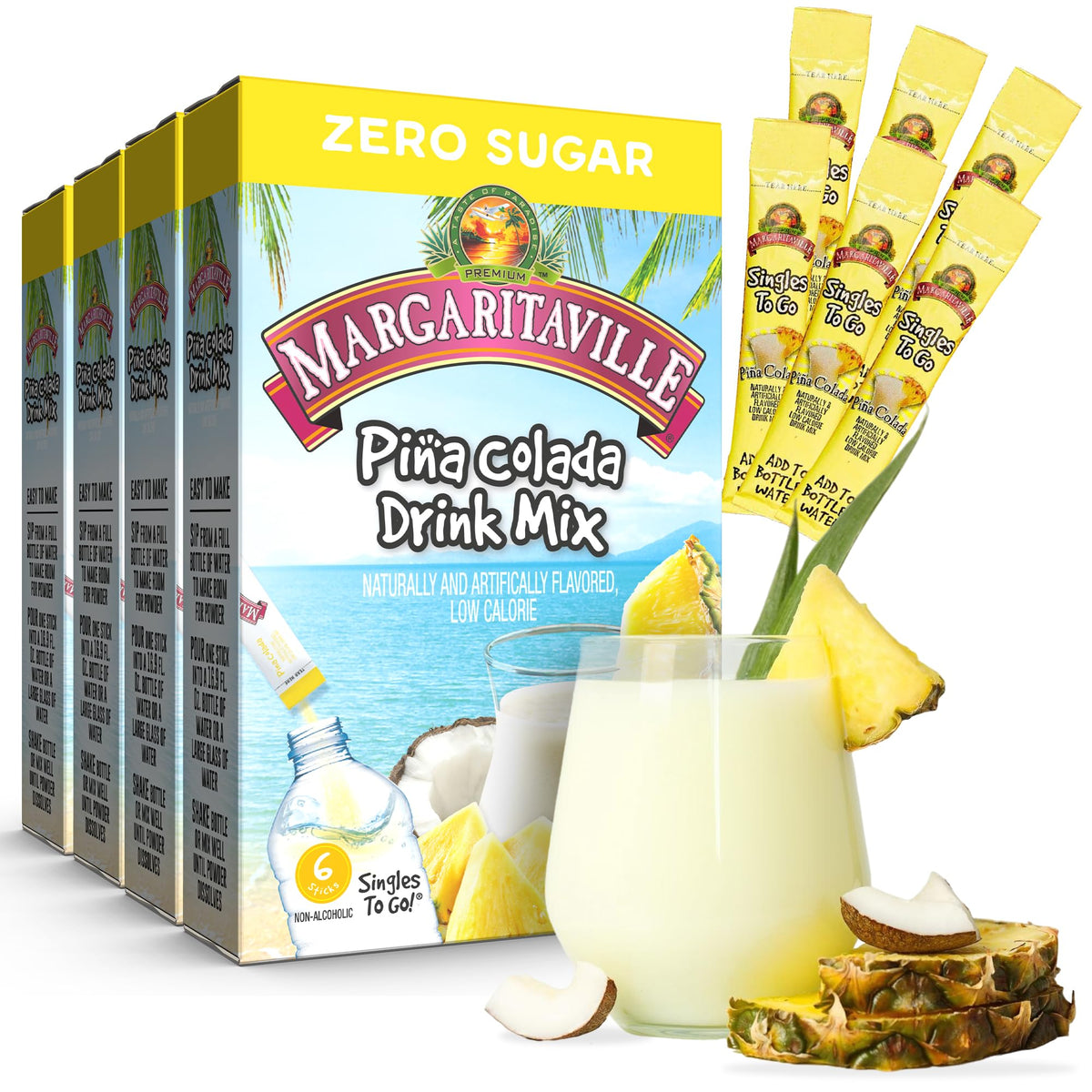 Margaritaville Singles To Go Water Drink Mix - Pina Colada Flavored, Non-Alcoholic Powder Sticks 6 CT, 0.70 Ounce (Pack of 4)