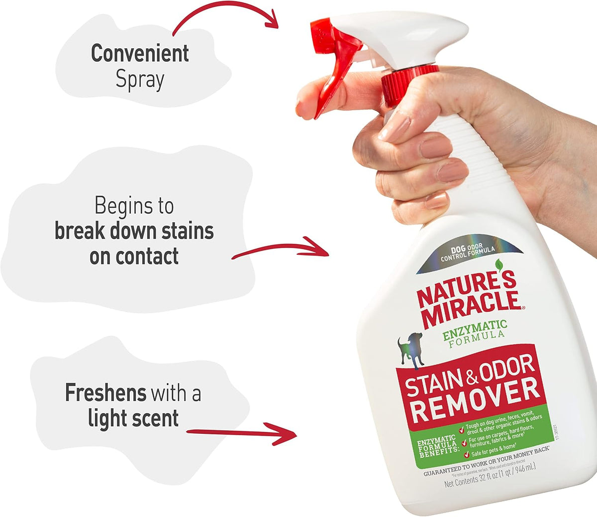 Nature’s Miracle Stain and Odor Remover Dog, 32 Ounces – Family-Friendly Enzymatic Spray for Playrooms and Nurseries