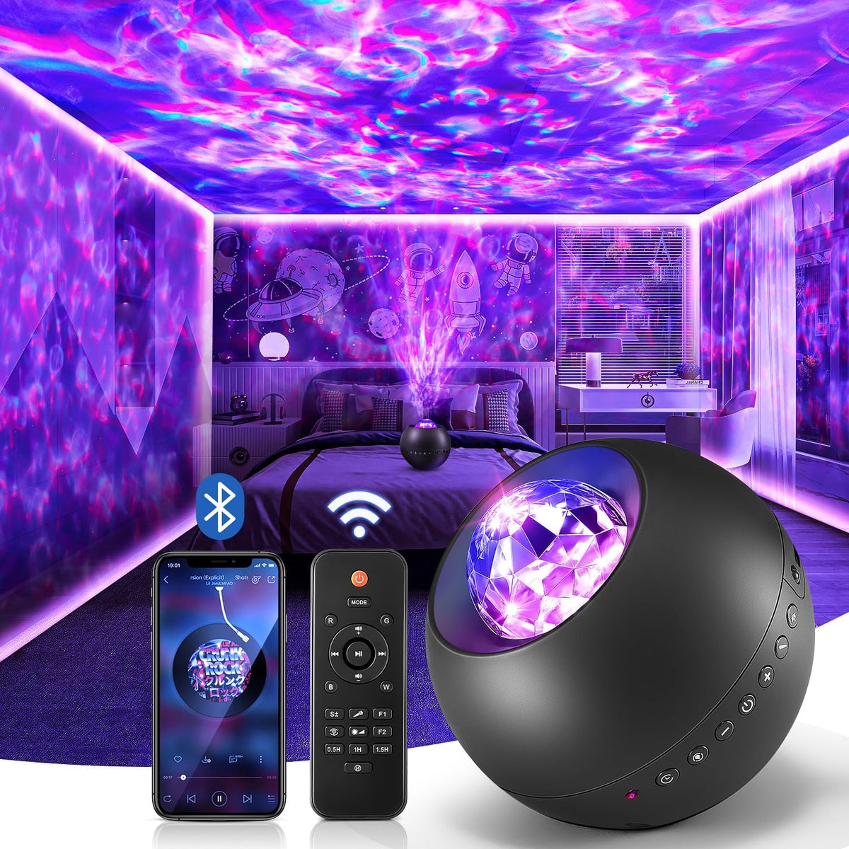 One Fire Minimalist Galaxy Projector – Under 4 Inch Cube Night Light for Restraint Focused Home Decor with Built In White Noise and Timer