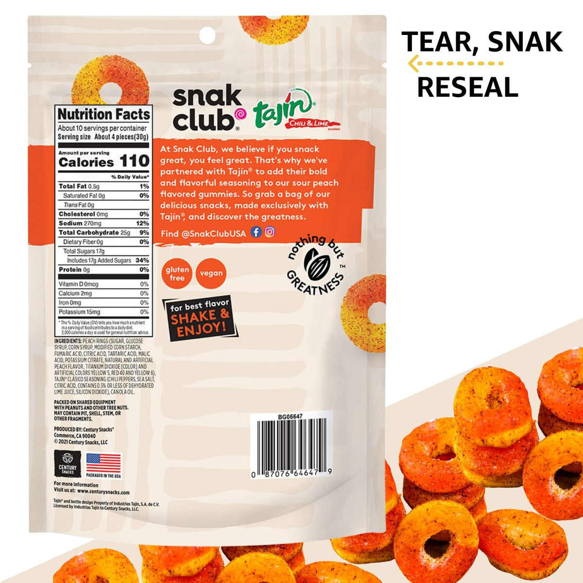 Snak Club Tajin Apple Rings Gummy Candy – Hiking Pack Snack with Chili-Lime Apple Gummies, Gluten-Free and Vegan, 11 oz Resealable Bag