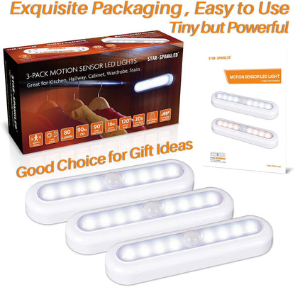 STAR-SPANGLED 3 Pack Motion Sensor Lights Indoor Battery Operated – Adjustable 90° LED Bar for Accent Lighting in Living Room and Closet