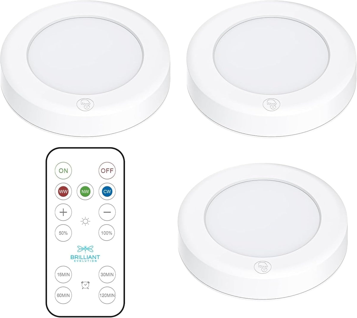 three 55-lumen led pucks emitting 3000k soft warm white light