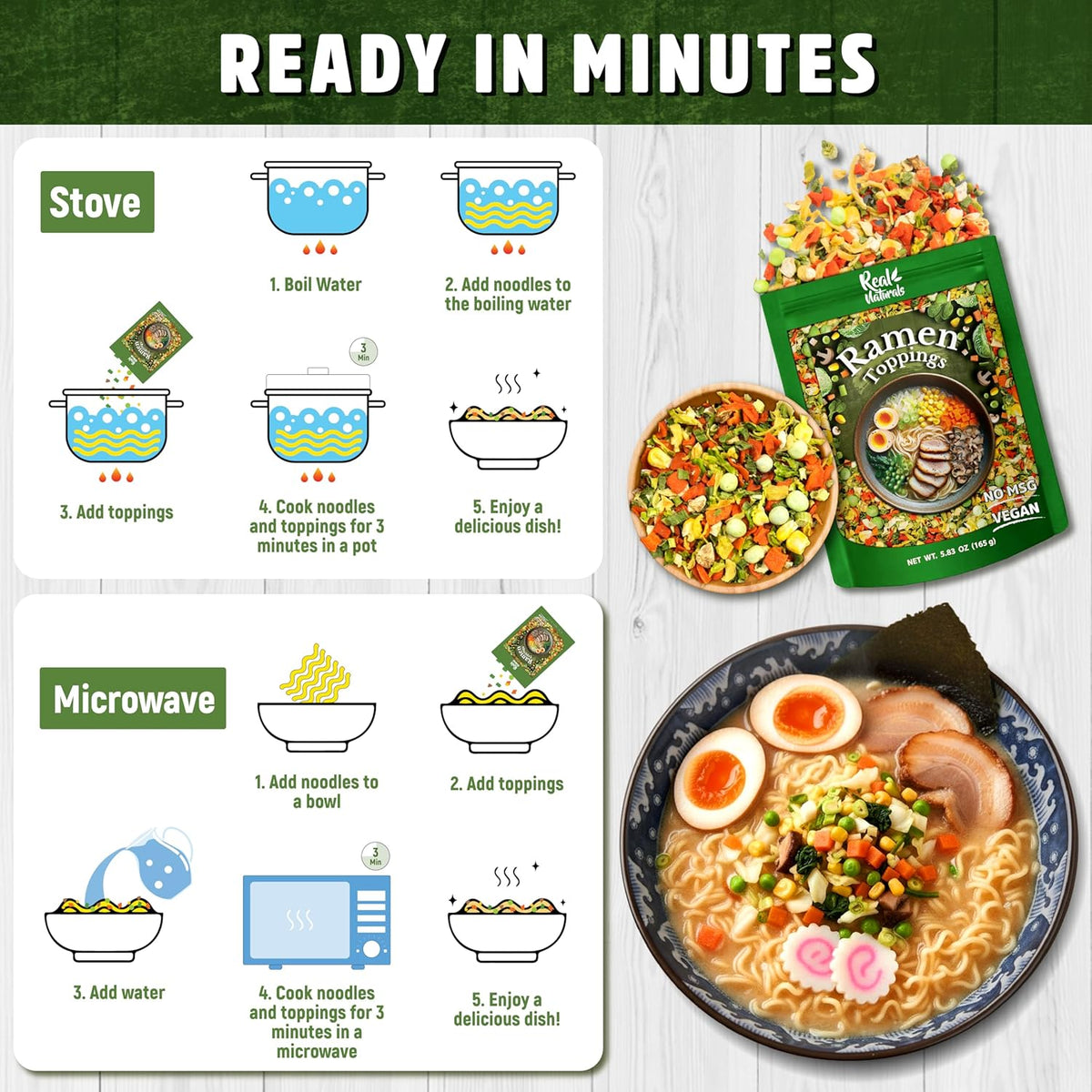 VeggieRush Freeze-Dried Ramen Toppings – Clean-Label Veggie Boost for Health-Conscious Home Cooks