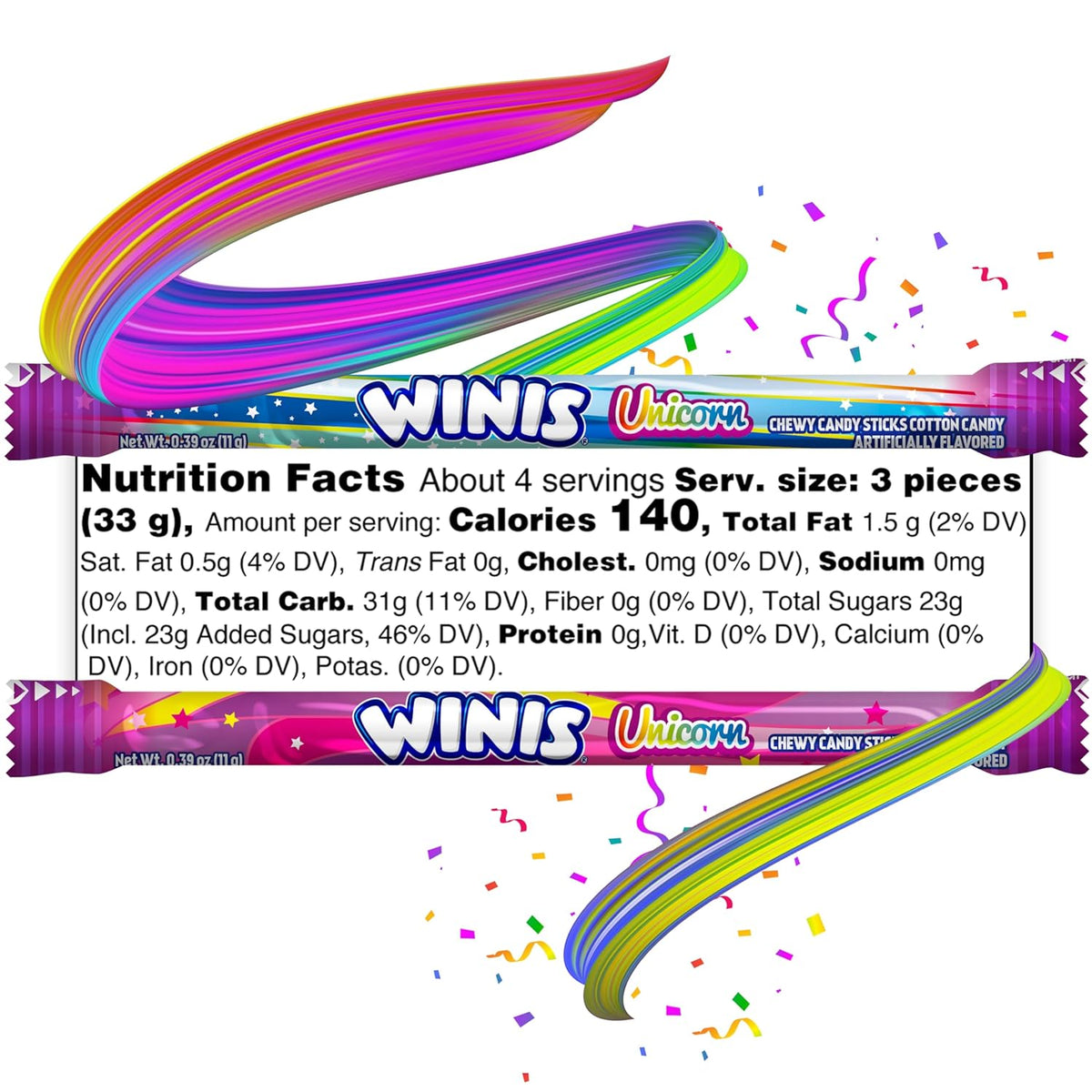Winis Unicorn Chewy Cotton Candy Taffy Sticks – Ready-to-Give Party Favor and Easter Basket Treat with Pastel Rainbow Wrappers | 4.3 Oz Bag, 11 Individually Wrapped Pieces