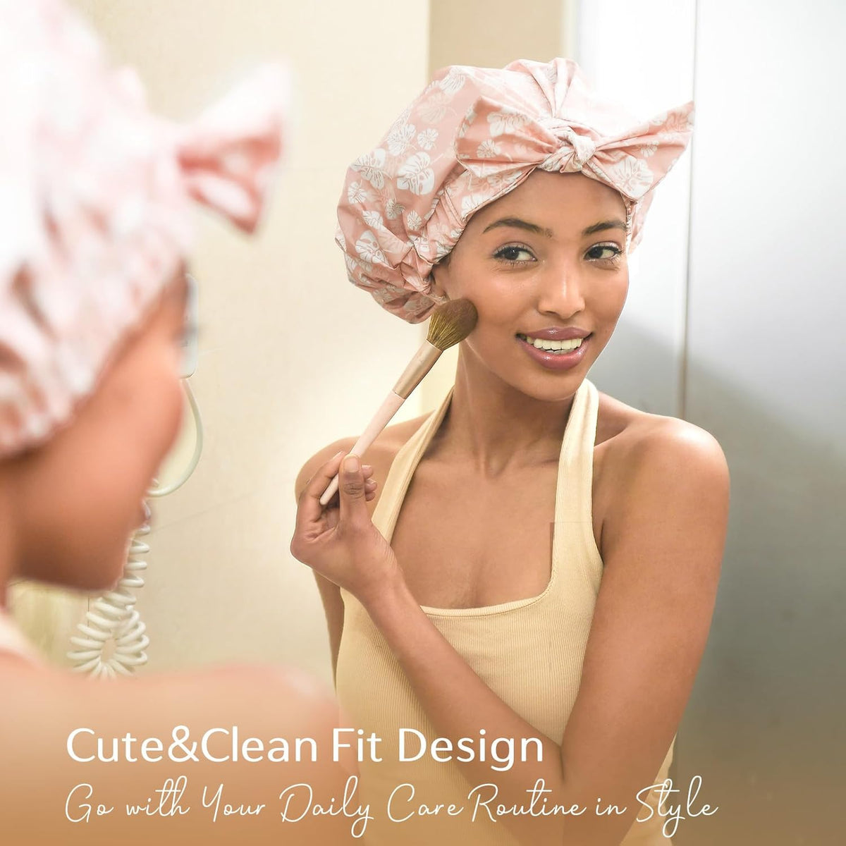 Yanibest Shower Cap for Women – Simple Clean Design Bath Hat, Reusable Waterproof Hair Protector in Neutral Stripe